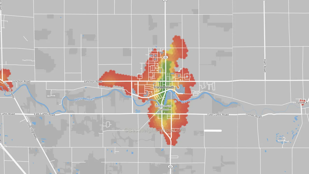 Walk Grade map of Frankenmuth, MI, walkable areas in green and car-dependent areas in red