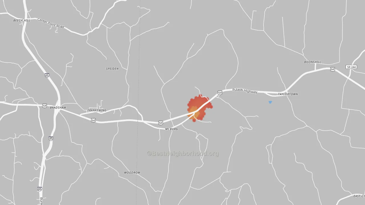 Walk Grade map of Frankewing, TN, walkable areas in green and car-dependent areas in red