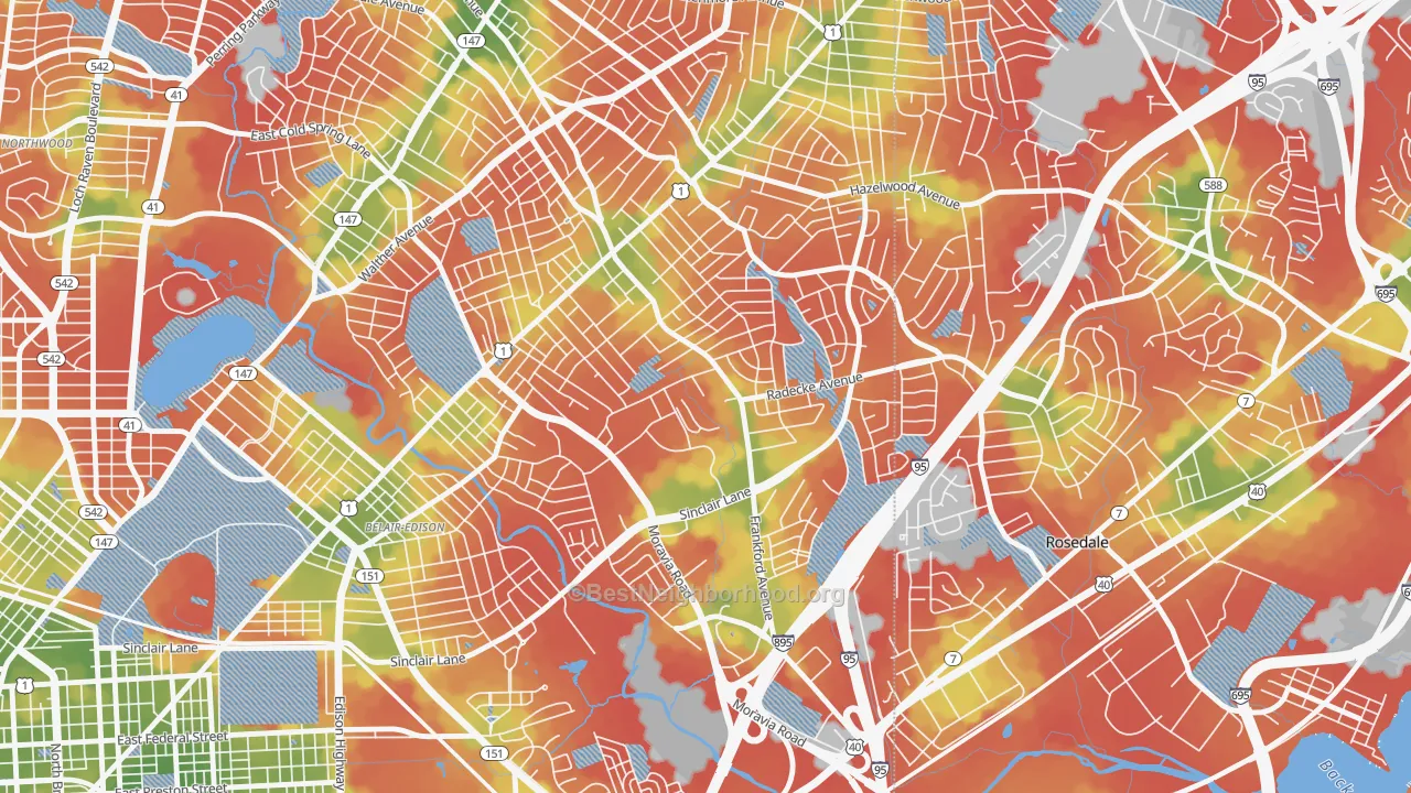 Walk Grade map of Frankford, Baltimore, MD, walkable areas in green and car-dependent areas in red