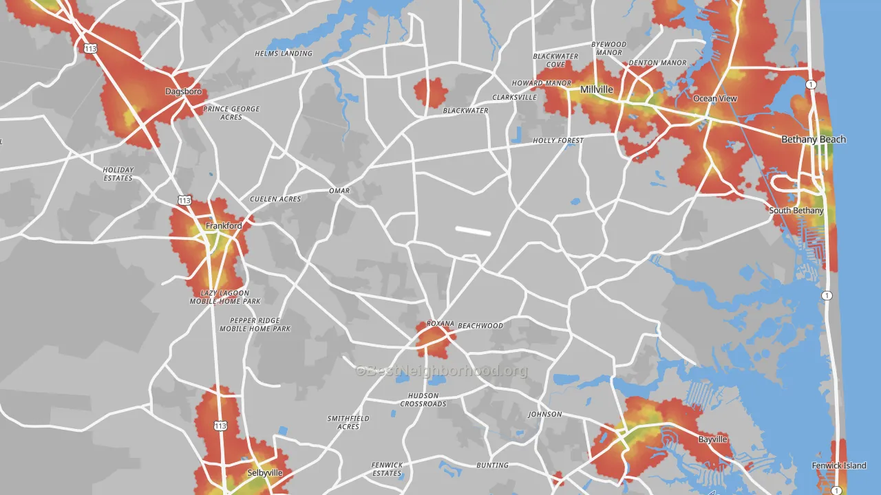 Walk Grade map of Frankford, DE, walkable areas in green and car-dependent areas in red
