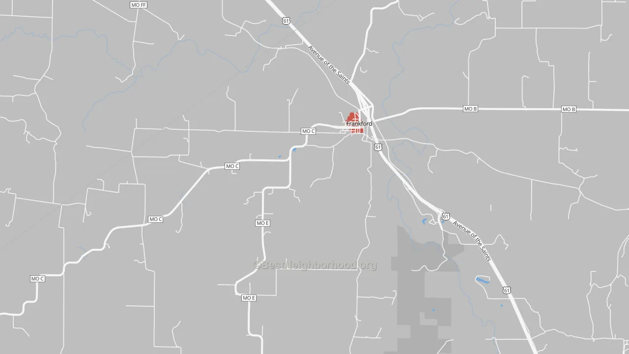 Walk Grade map of Frankford, MO, walkable areas in green and car-dependent areas in red