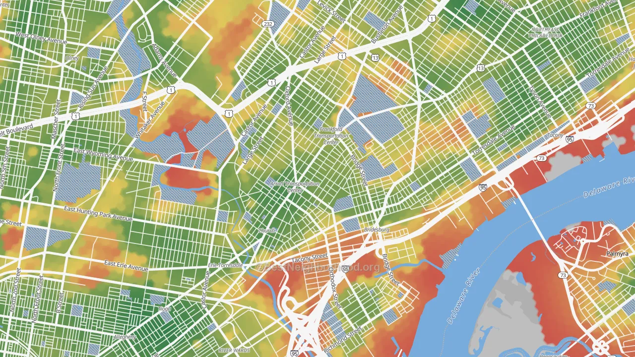 Walk Grade map of Frankford, Philadelphia, PA, walkable areas in green and car-dependent areas in red