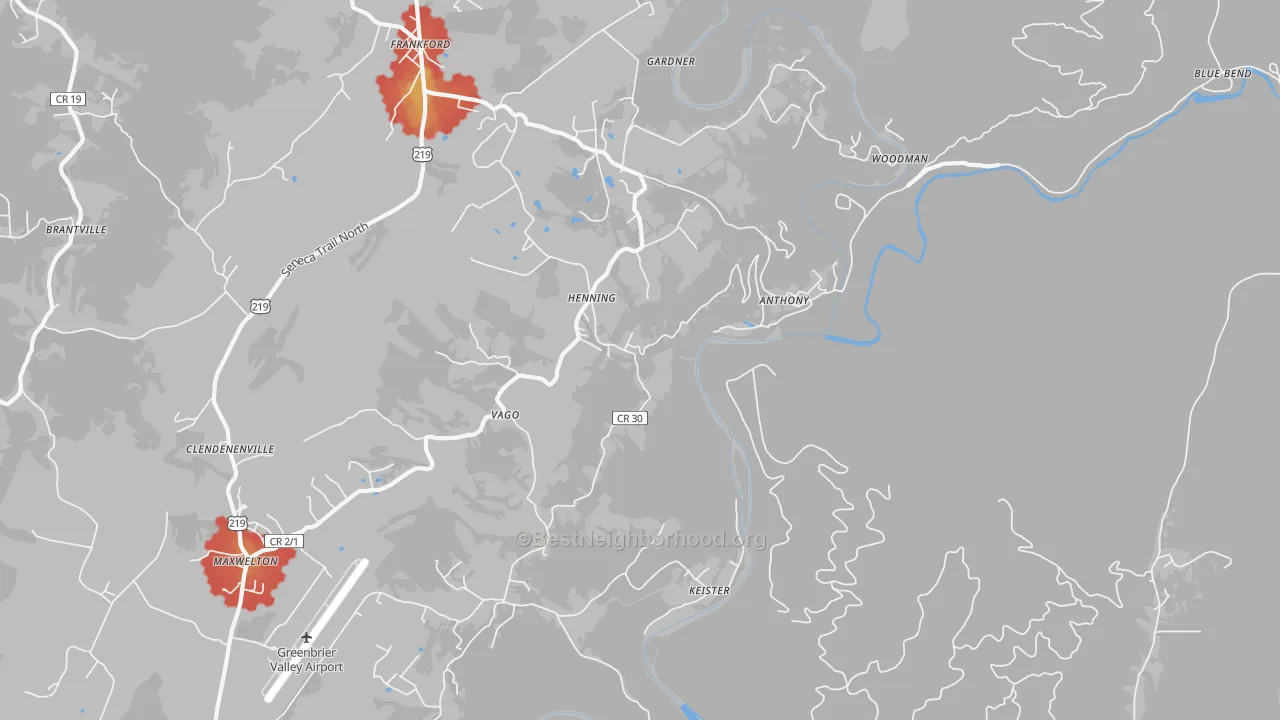 Walk Grade map of Frankford, WV, walkable areas in green and car-dependent areas in red