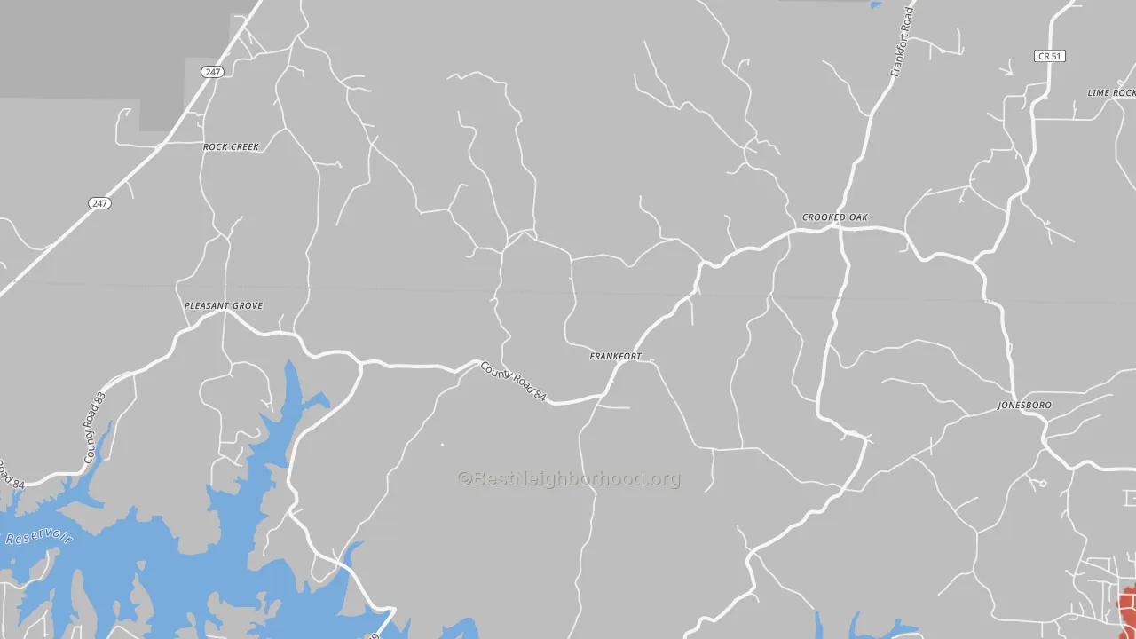 Walk Grade map of Frankfort, AL, walkable areas in green and car-dependent areas in red