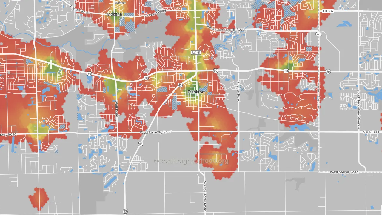 Walk Grade map of Frankfort, IL, walkable areas in green and car-dependent areas in red