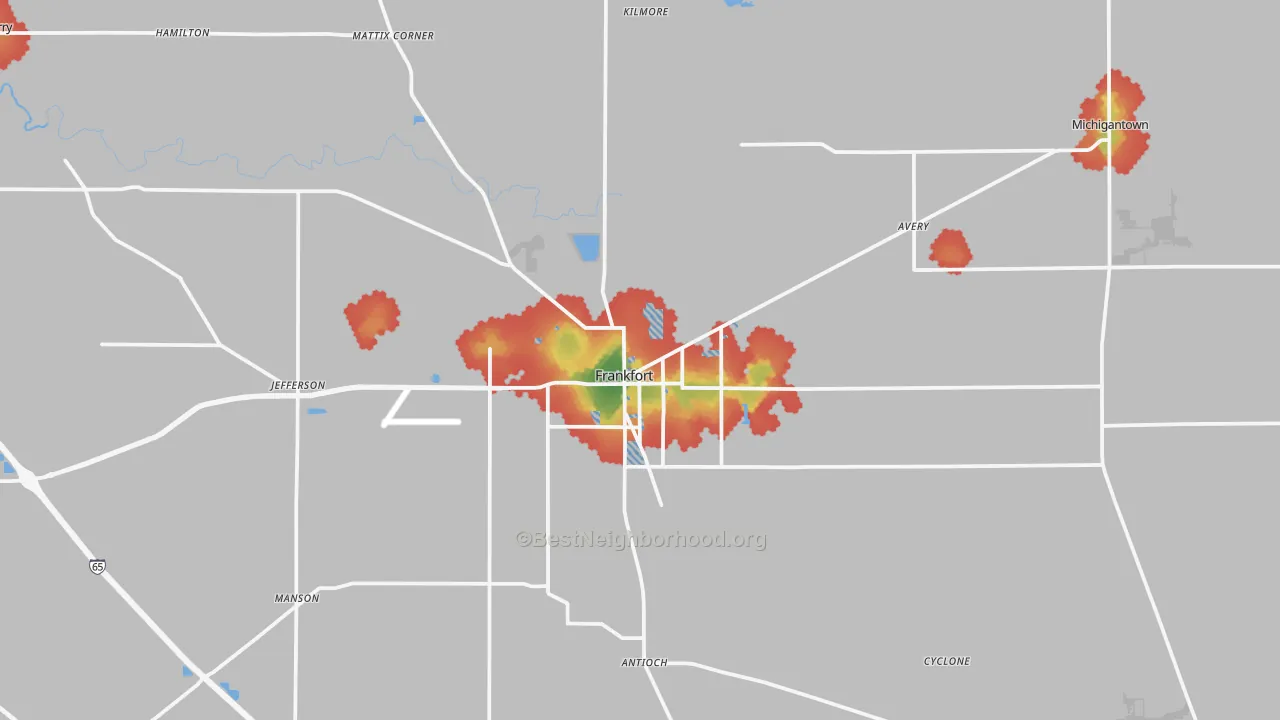 Walk Grade map of Frankfort, IN, walkable areas in green and car-dependent areas in red