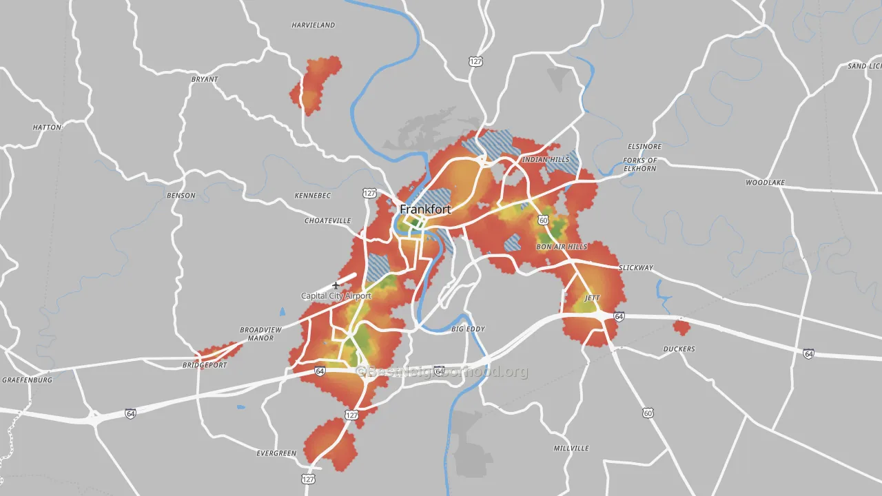 Walk Grade map of Frankfort, KY, walkable areas in green and car-dependent areas in red
