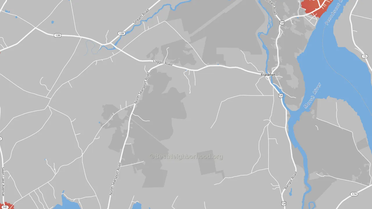 Walk Grade map of Frankfort, ME, walkable areas in green and car-dependent areas in red