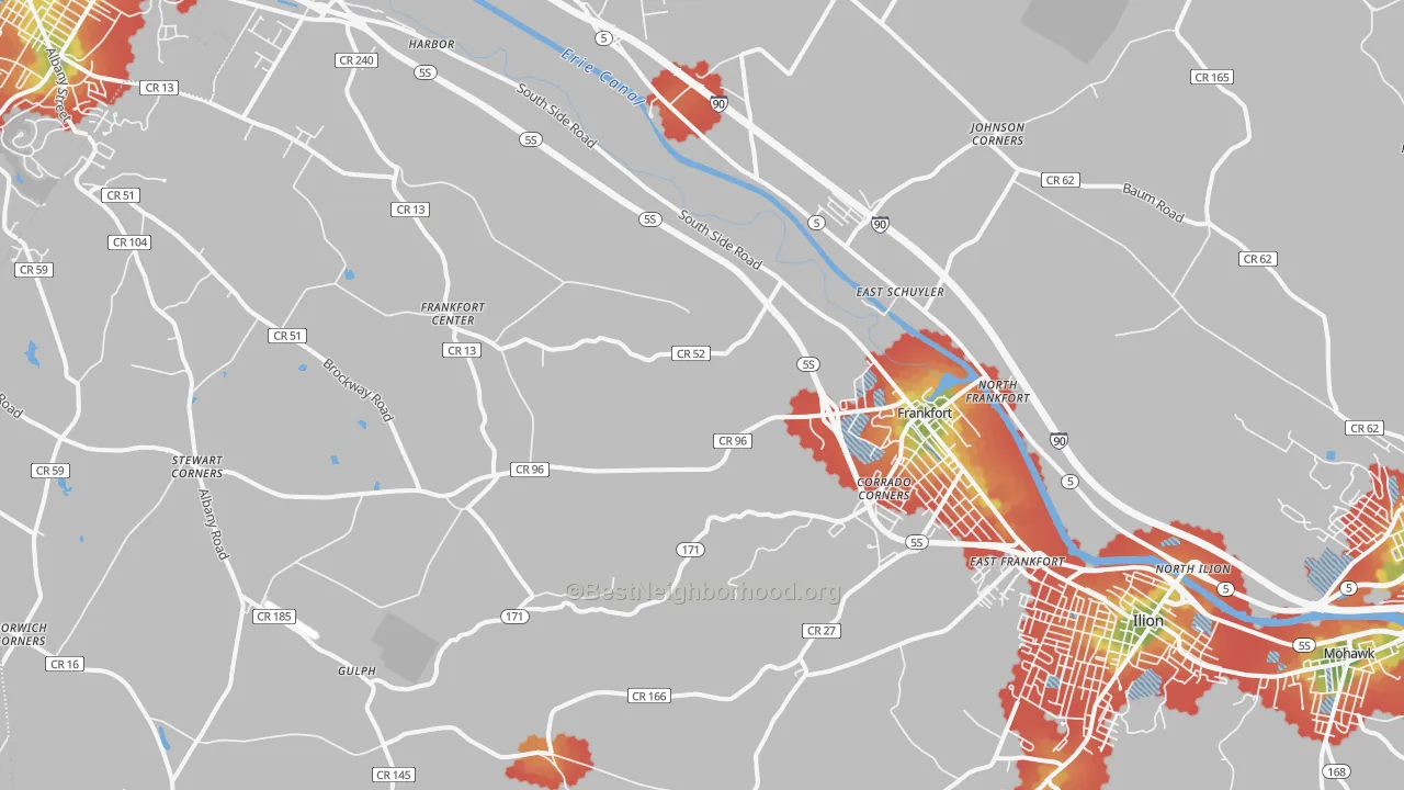 Walk Grade map of Frankfort, NY, walkable areas in green and car-dependent areas in red