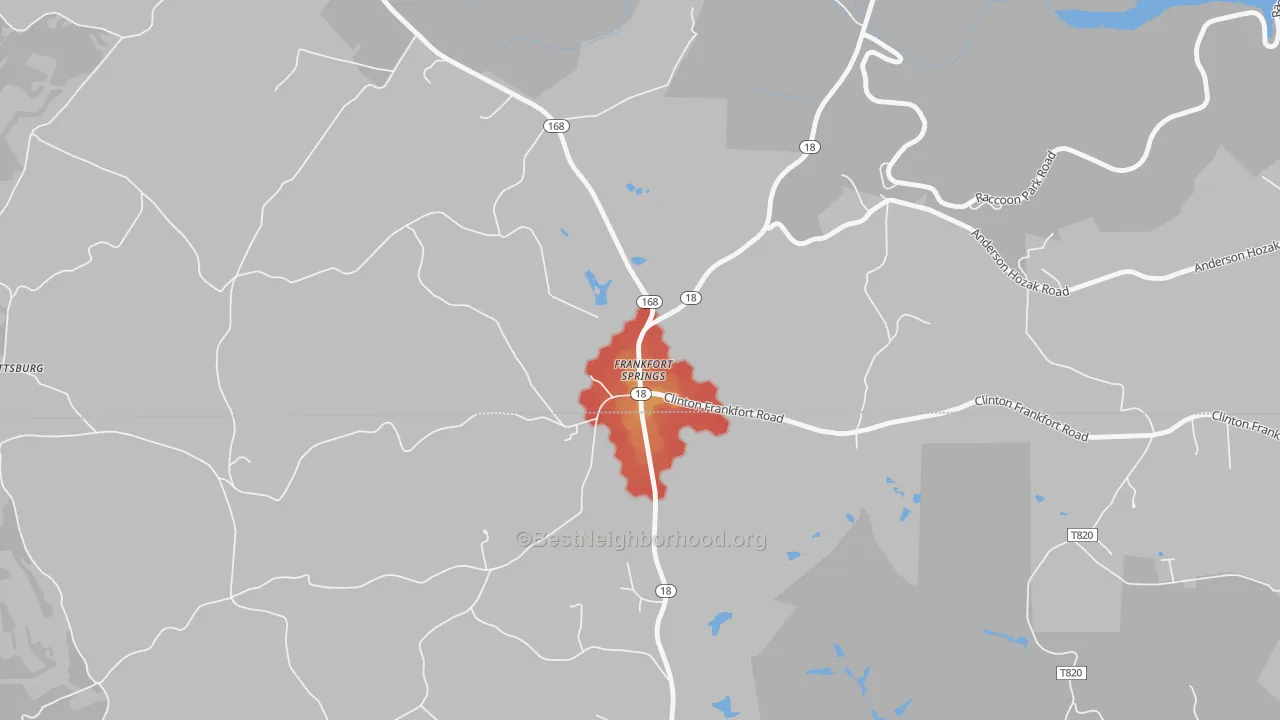 Walk Grade map of Frankfort Springs, PA, walkable areas in green and car-dependent areas in red