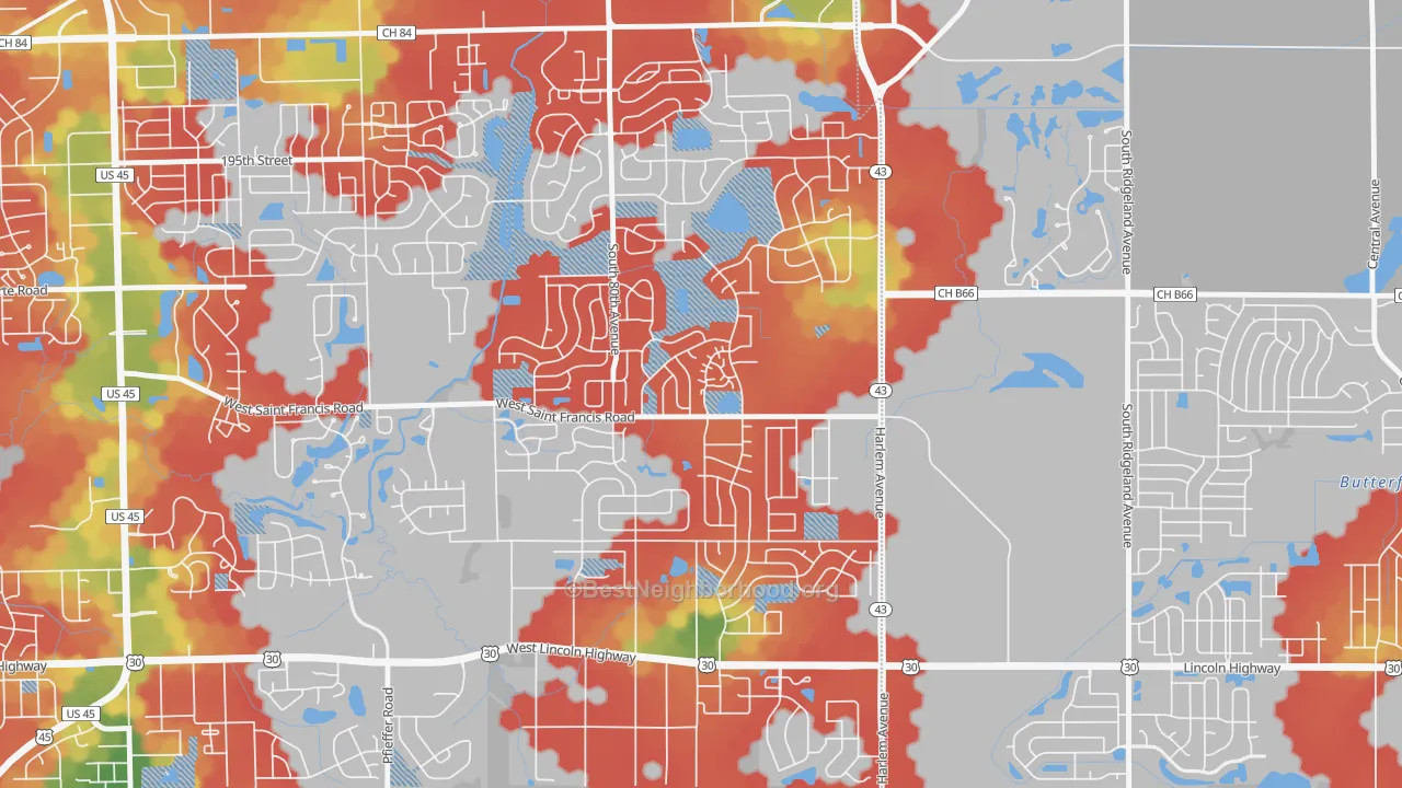 Walk Grade map of Frankfort Square, IL, walkable areas in green and car-dependent areas in red