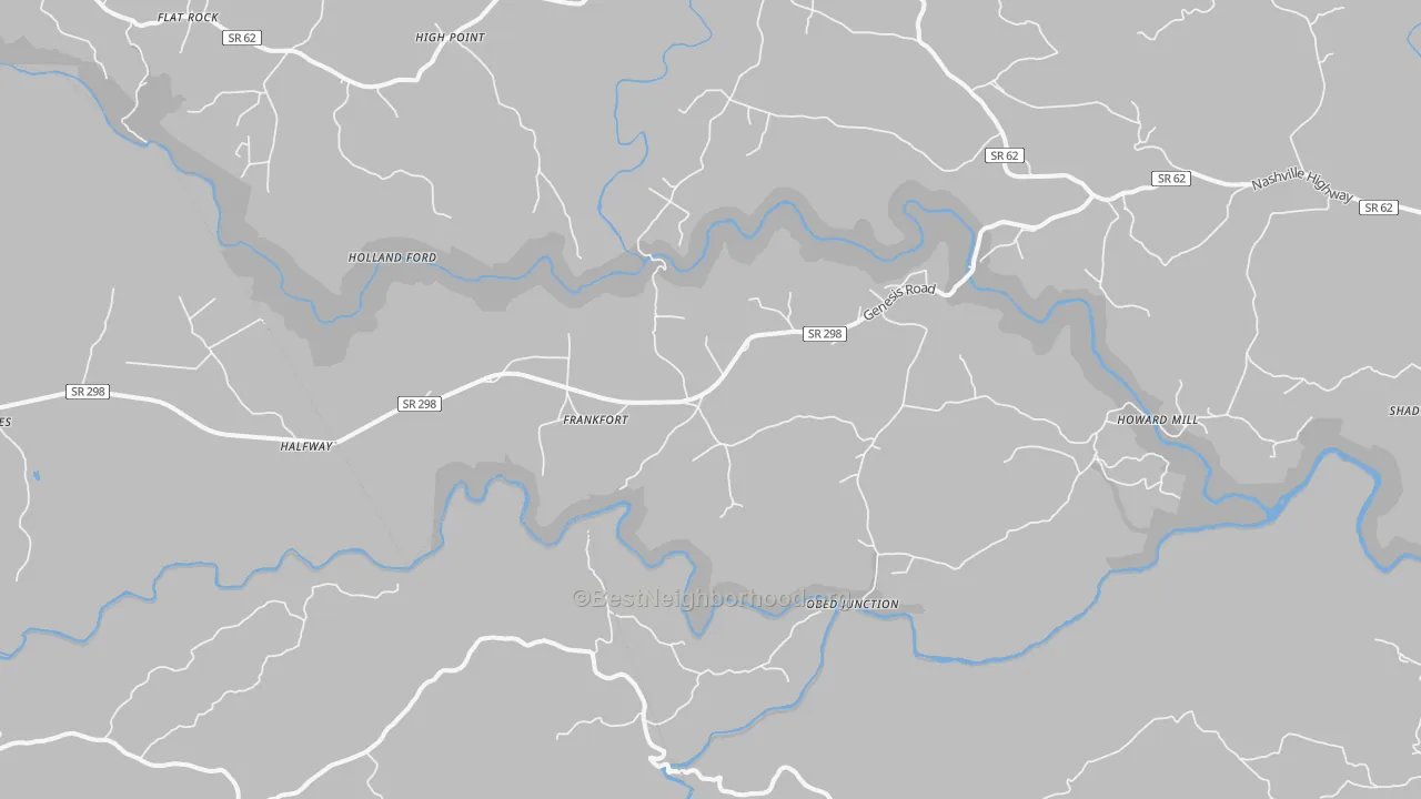 Walk Grade map of Frankfort, TN, walkable areas in green and car-dependent areas in red