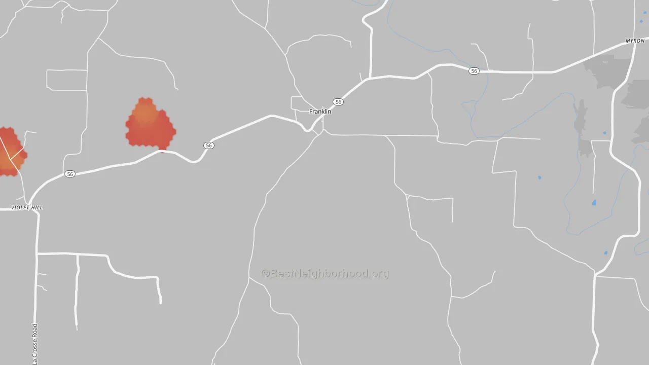 Walk Grade map of Franklin, AR, walkable areas in green and car-dependent areas in red