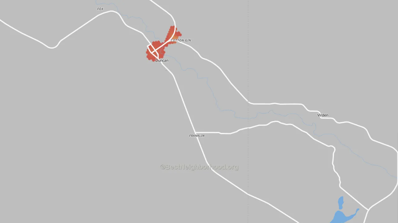 Walk Grade map of Franklin, AZ, walkable areas in green and car-dependent areas in red