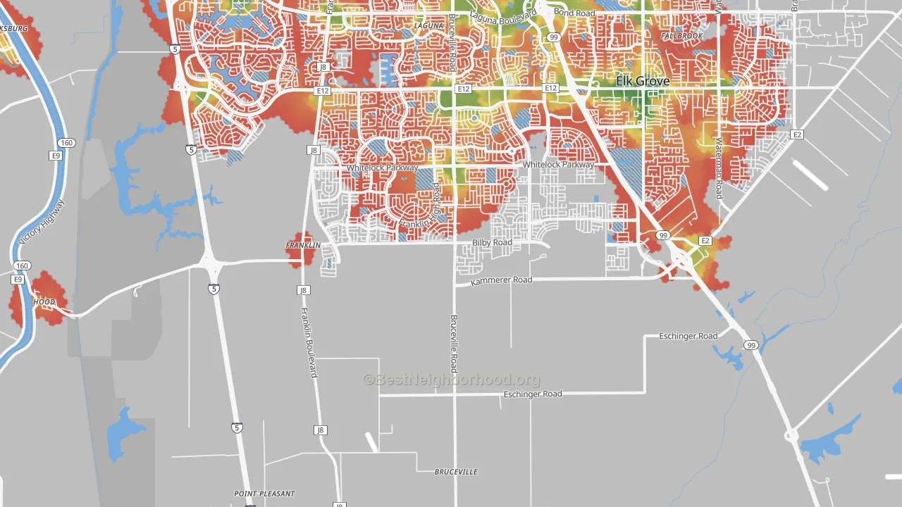 Walk Grade map of Franklin, CA, walkable areas in green and car-dependent areas in red