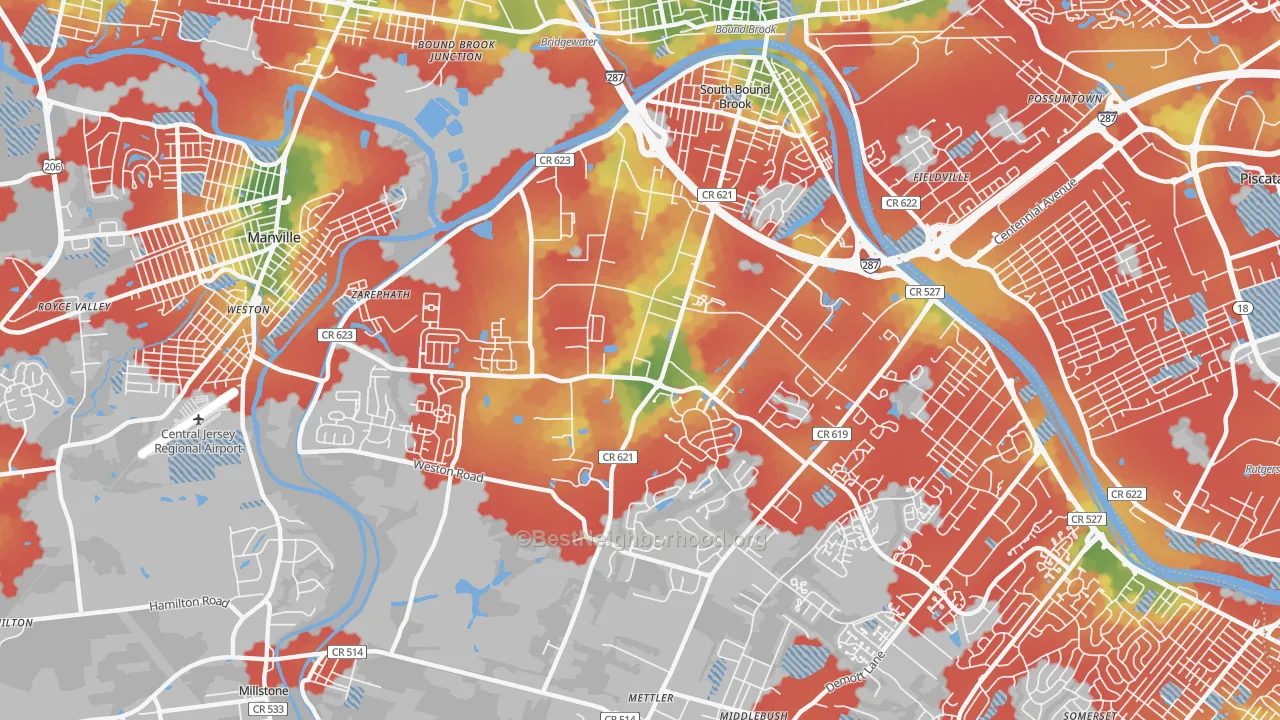 Walk Grade map of Franklin Center, NJ, walkable areas in green and car-dependent areas in red