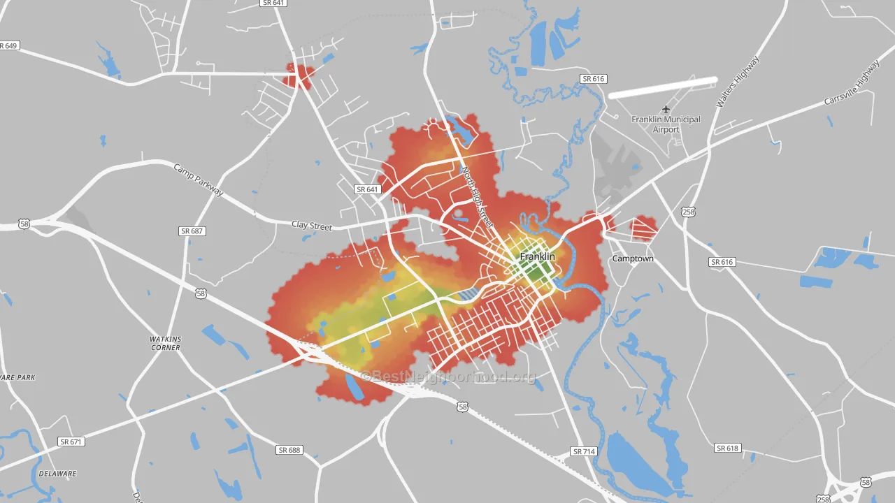 Walk Grade map of Franklin City, VA, walkable areas in green and car-dependent areas in red
