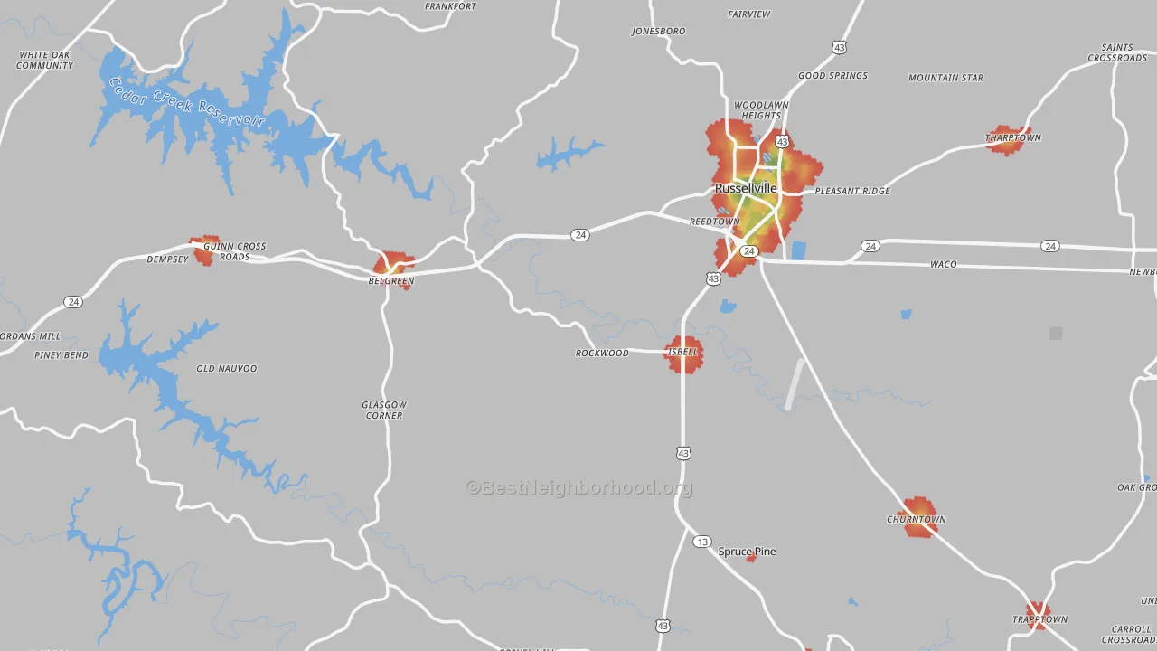 Walk Grade map of Franklin County, AL, walkable areas in green and car-dependent areas in red