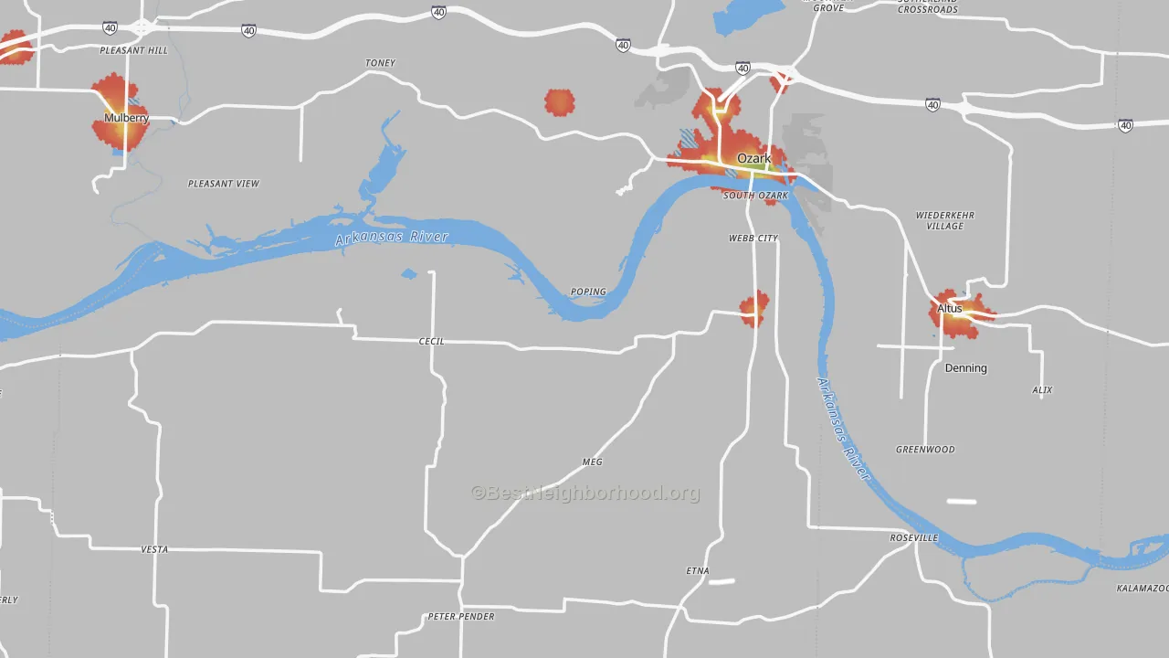 Walk Grade map of Franklin County, AR, walkable areas in green and car-dependent areas in red