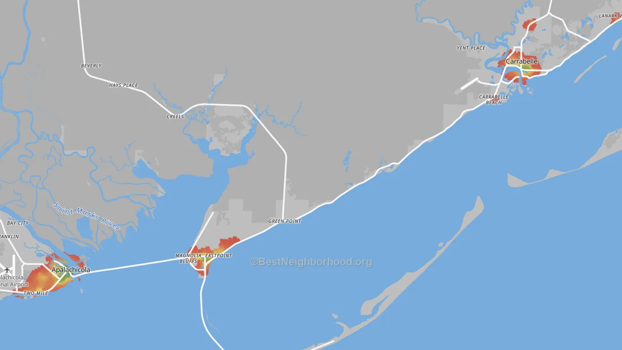 Walk Grade map of Franklin County, FL, walkable areas in green and car-dependent areas in red