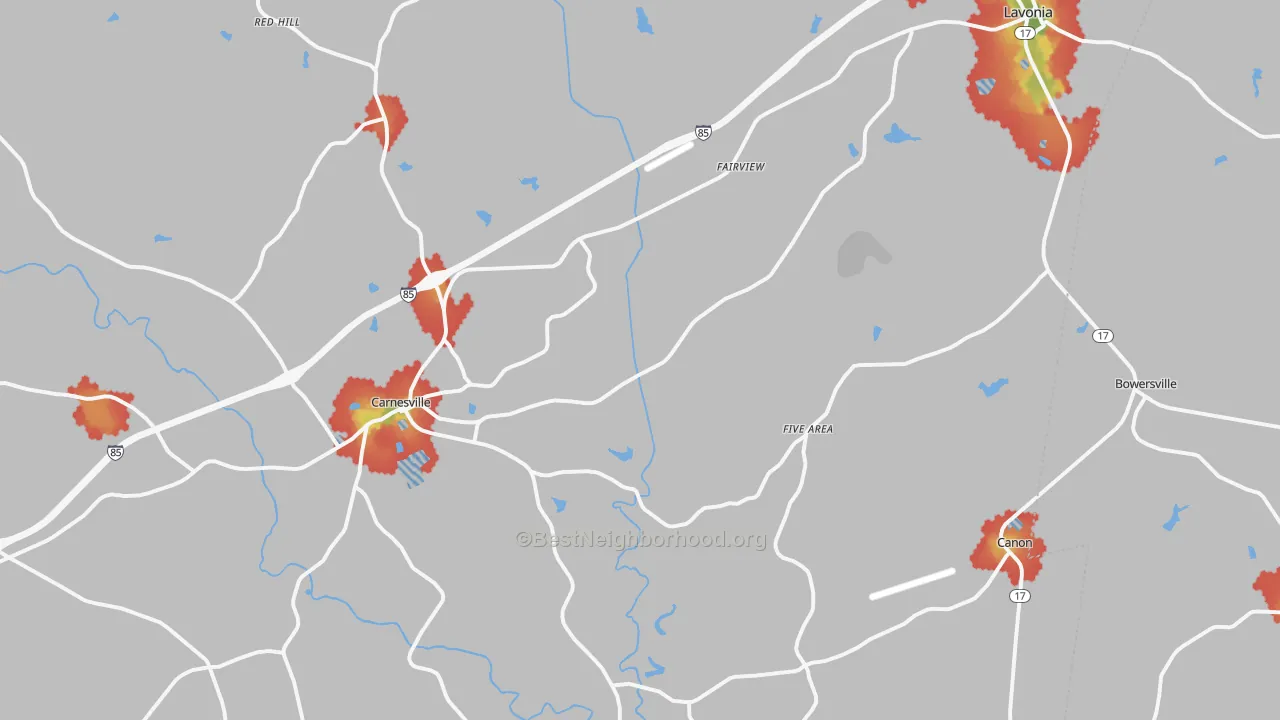 Walk Grade map of Franklin County, GA, walkable areas in green and car-dependent areas in red