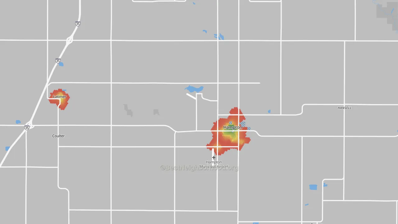Walk Grade map of Franklin County, IA, walkable areas in green and car-dependent areas in red