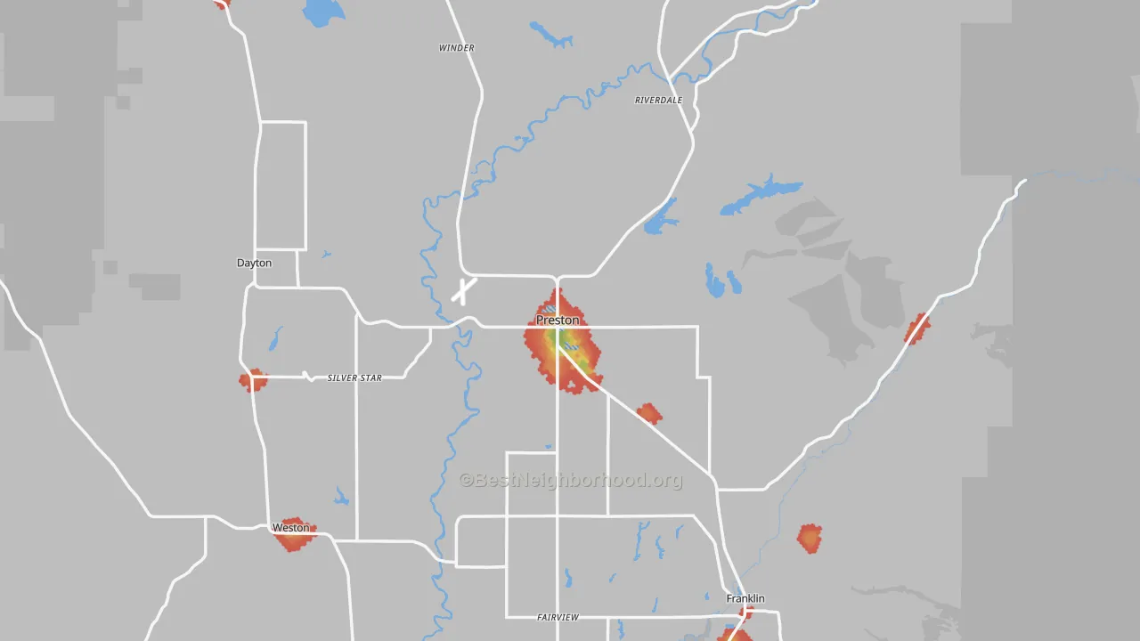 Walk Grade map of Franklin County, ID, walkable areas in green and car-dependent areas in red
