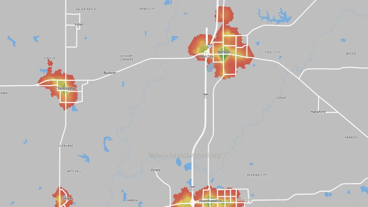 Walk Grade map of Franklin County, IL, walkable areas in green and car-dependent areas in red