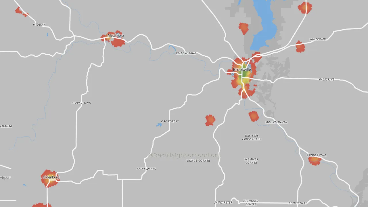 Walk Grade map of Franklin County, IN, walkable areas in green and car-dependent areas in red
