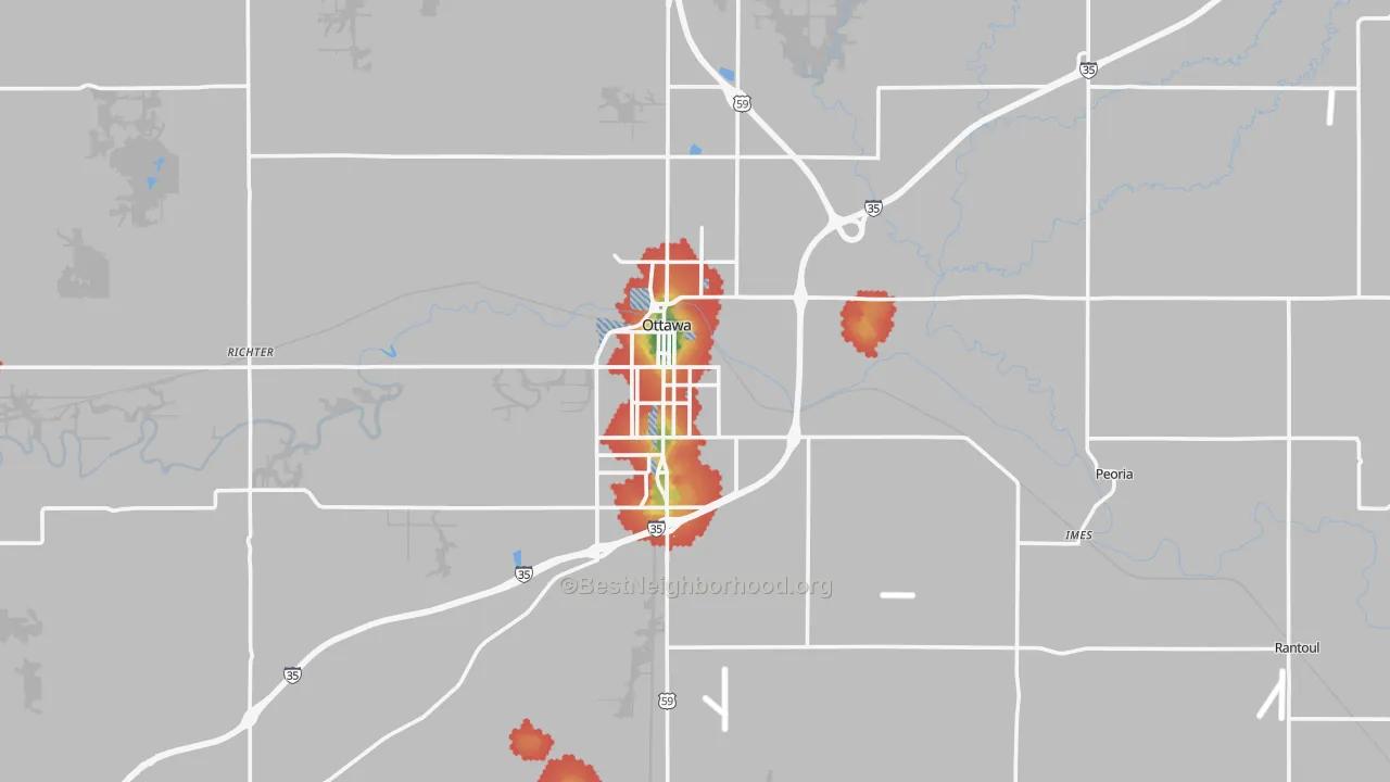 Walk Grade map of Franklin County, KS, walkable areas in green and car-dependent areas in red
