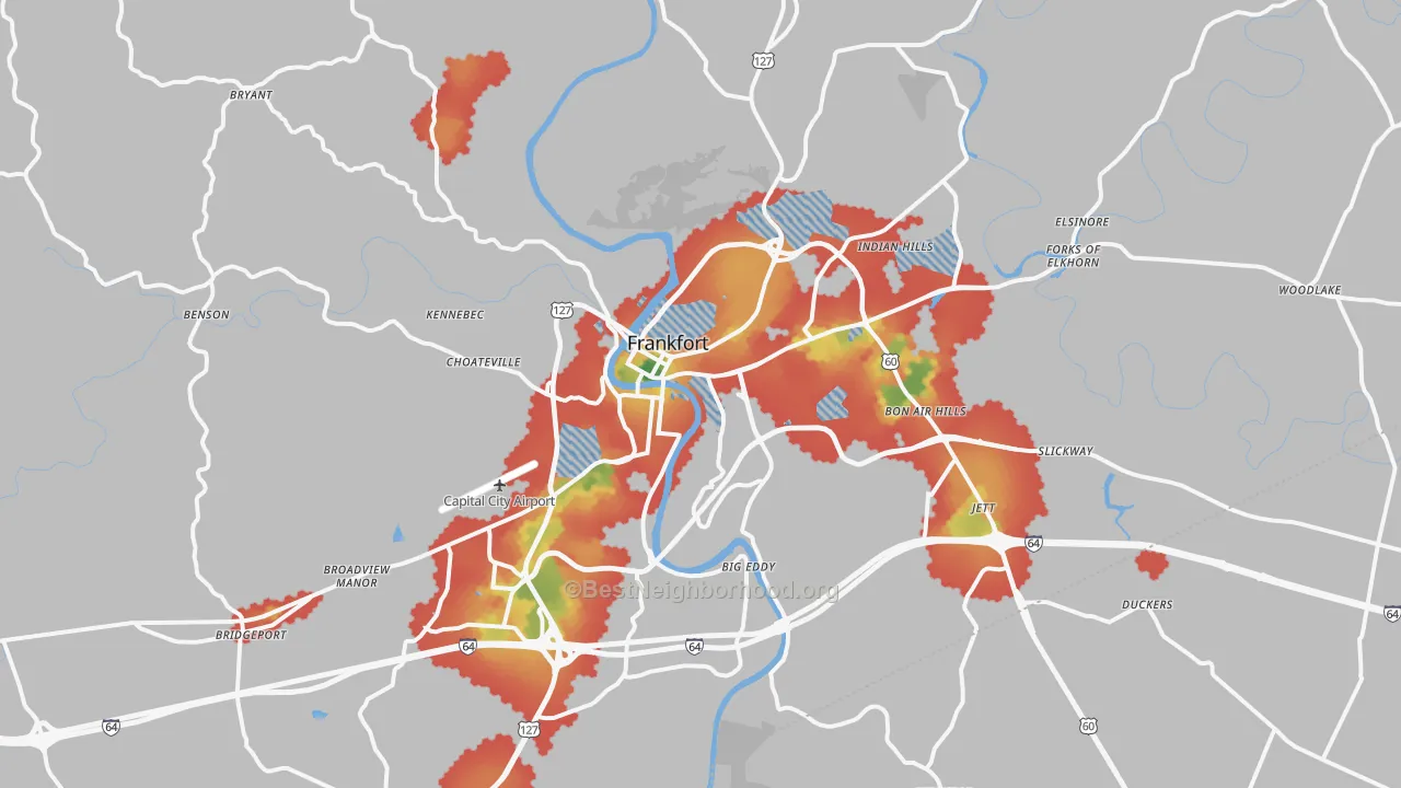 Walk Grade map of Franklin County, KY, walkable areas in green and car-dependent areas in red