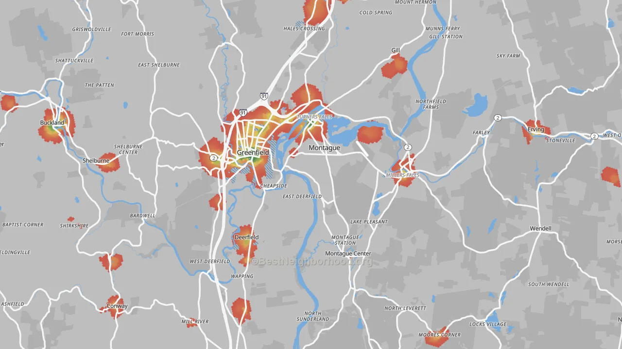 Walk Grade map of Franklin County, MA, walkable areas in green and car-dependent areas in red