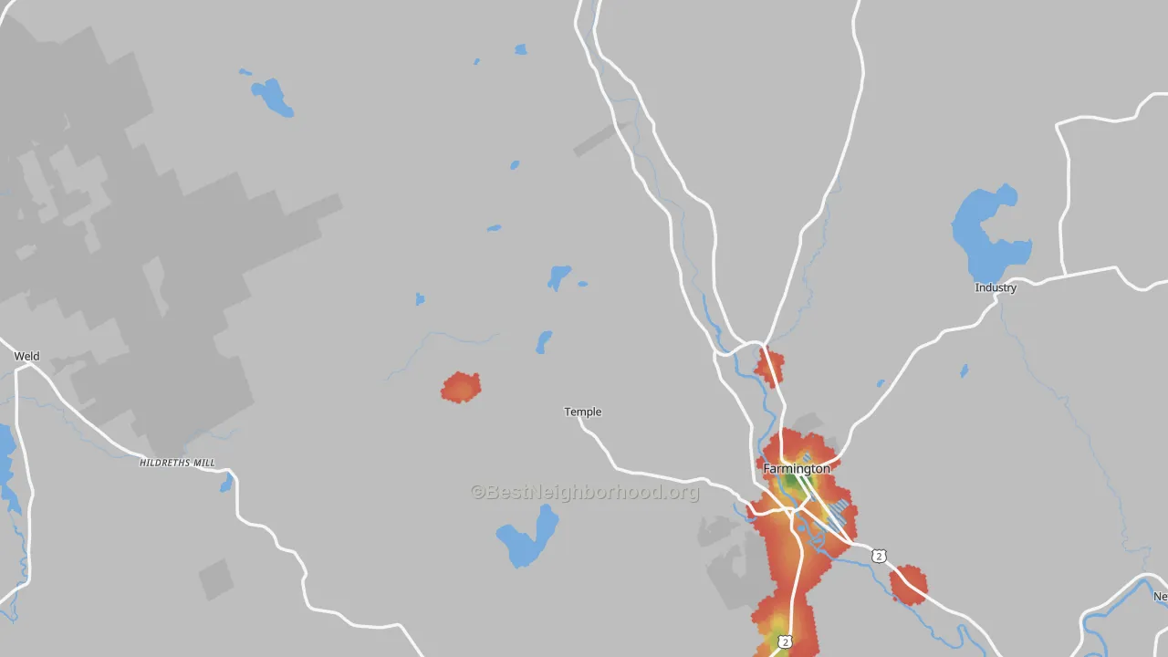 Walk Grade map of Franklin County, ME, walkable areas in green and car-dependent areas in red