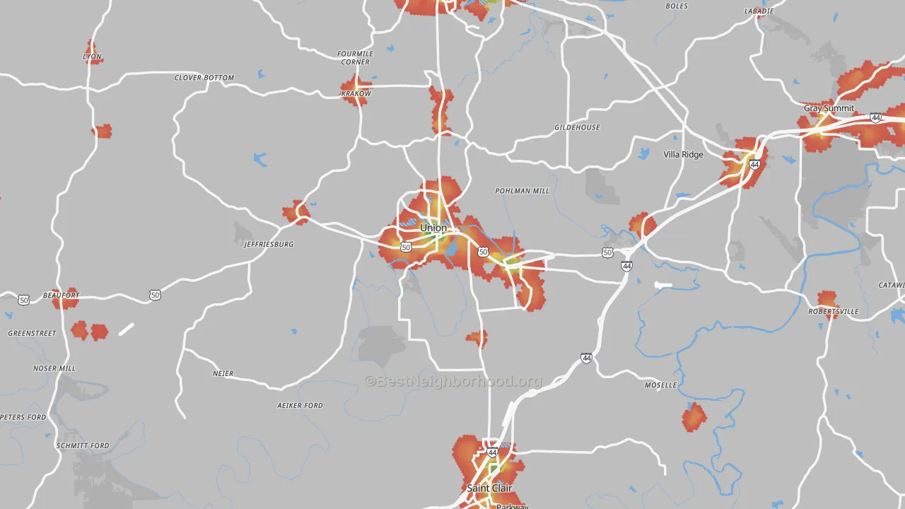 Walk Grade map of Franklin County, MO, walkable areas in green and car-dependent areas in red