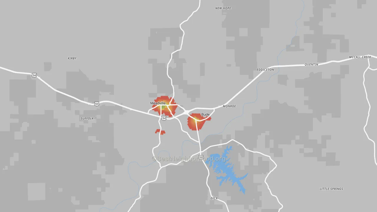 Walk Grade map of Franklin County, MS, walkable areas in green and car-dependent areas in red