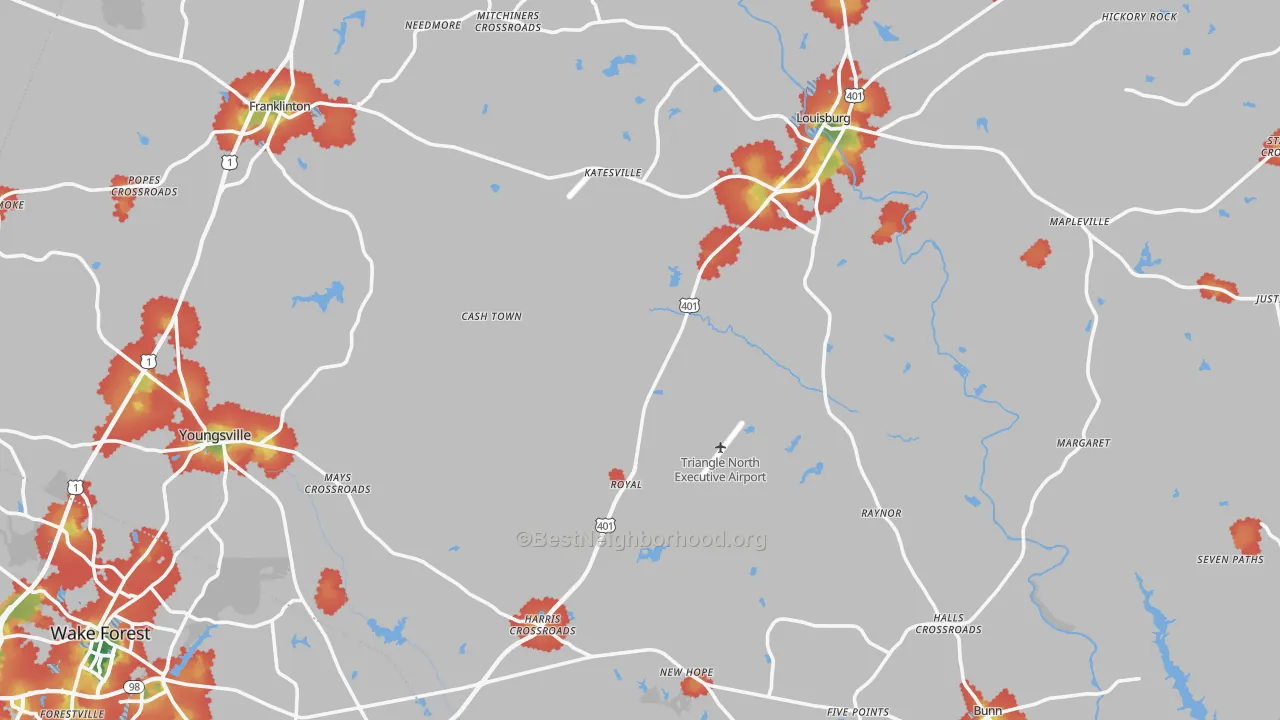 Walk Grade map of Franklin County, NC, walkable areas in green and car-dependent areas in red