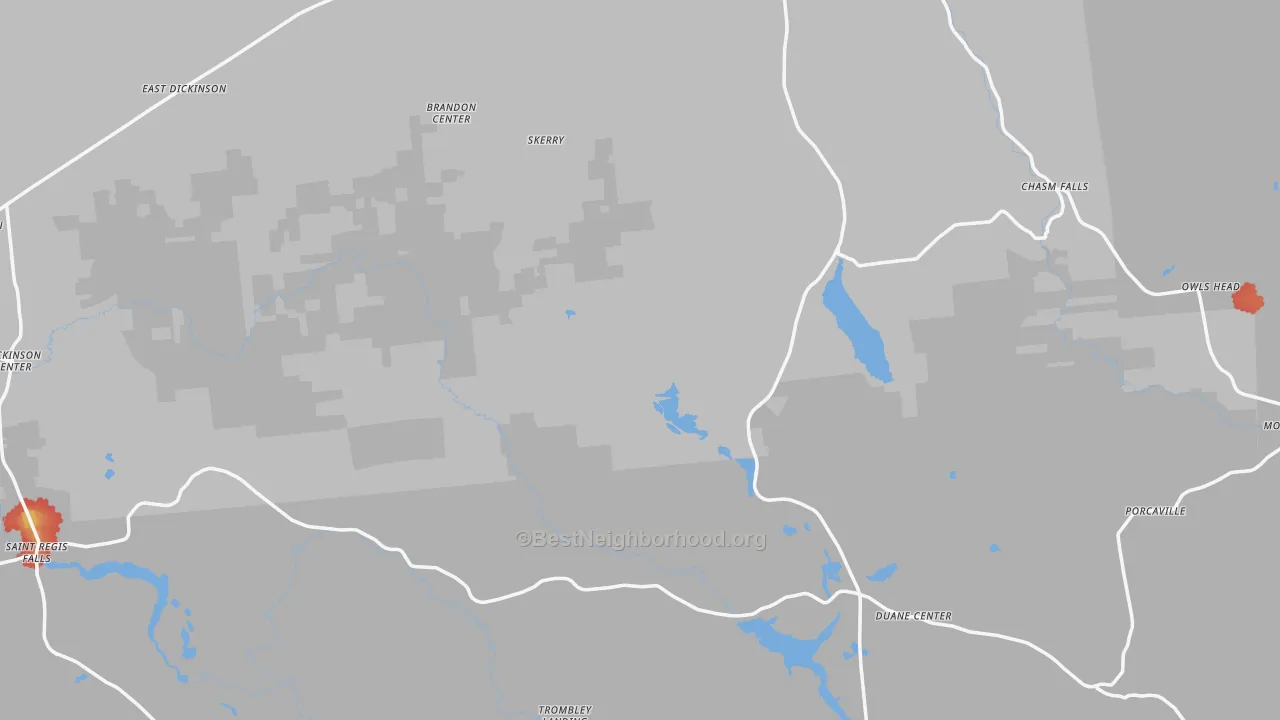 Walk Grade map of Franklin County, NY, walkable areas in green and car-dependent areas in red