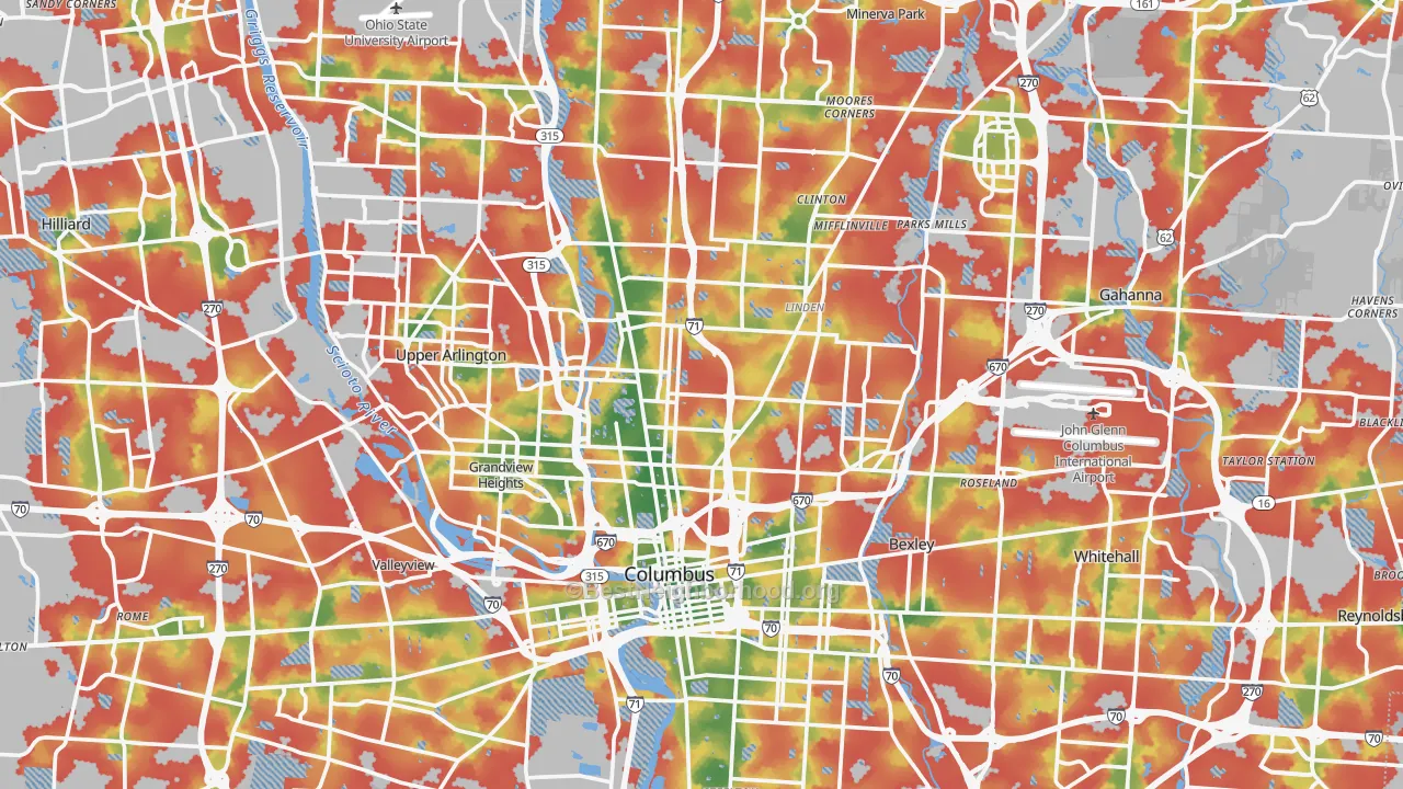 Walk Grade map of Franklin County, OH, walkable areas in green and car-dependent areas in red