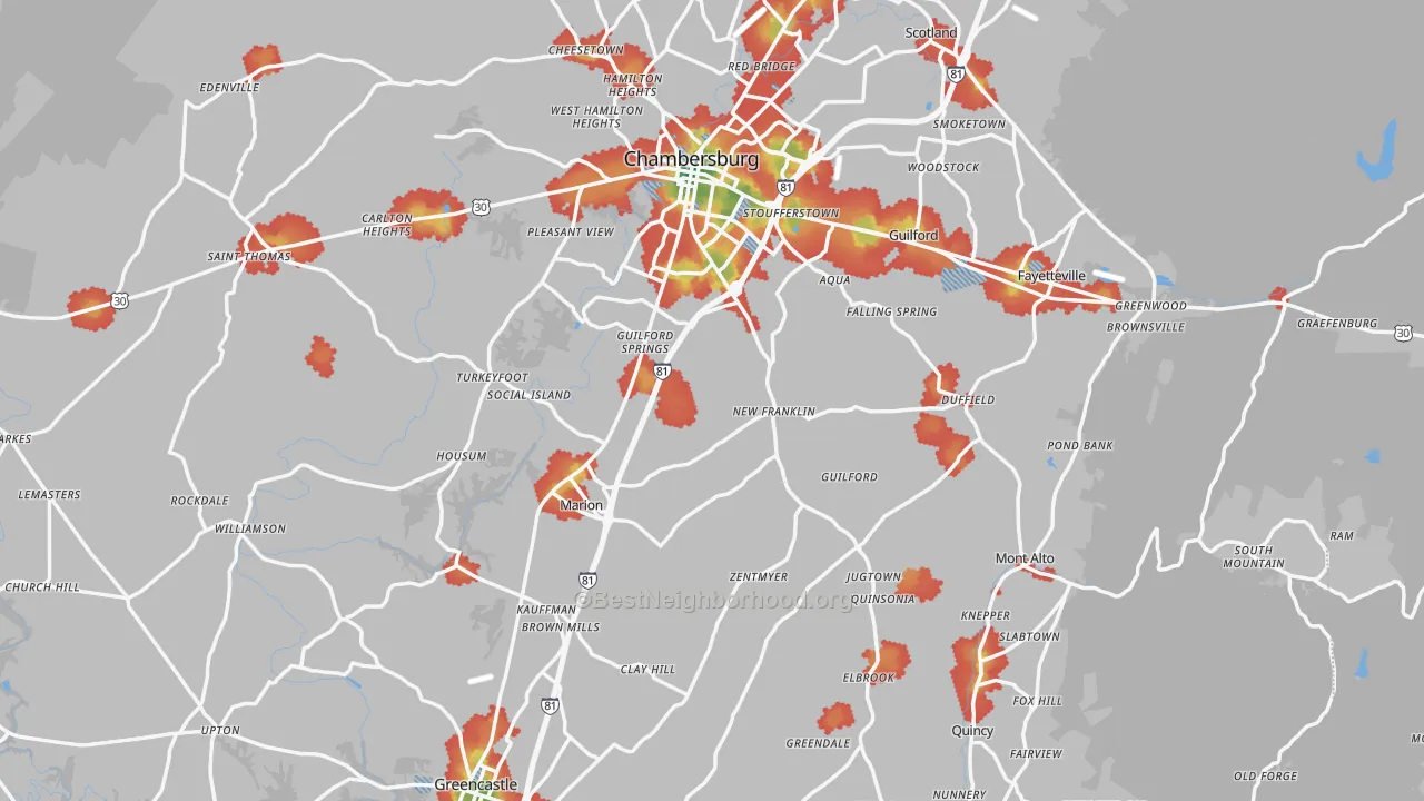 Walk Grade map of Franklin County, PA, walkable areas in green and car-dependent areas in red