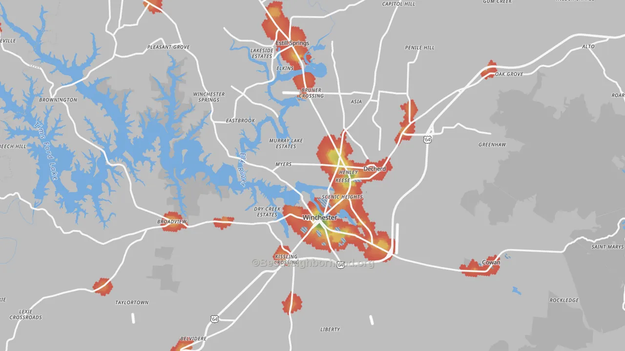 Walk Grade map of Franklin County, TN, walkable areas in green and car-dependent areas in red