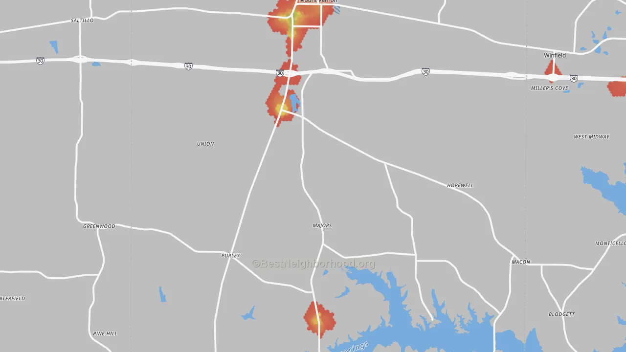 Walk Grade map of Franklin County, TX, walkable areas in green and car-dependent areas in red