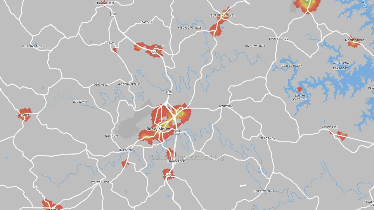 Walk Grade map of Franklin County, VA, walkable areas in green and car-dependent areas in red
