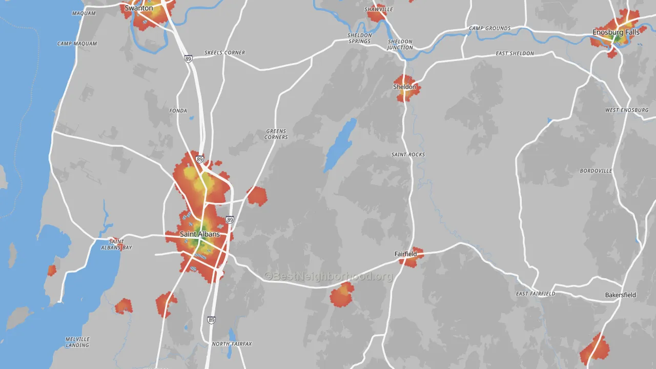 Walk Grade map of Franklin County, VT, walkable areas in green and car-dependent areas in red