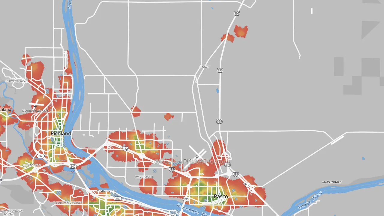 Walk Grade map of Franklin County, WA, walkable areas in green and car-dependent areas in red