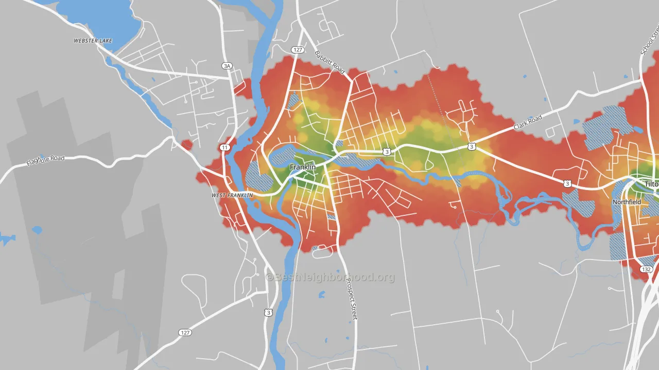 Walk Grade map of Franklin Falls, Franklin, NH, walkable areas in green and car-dependent areas in red