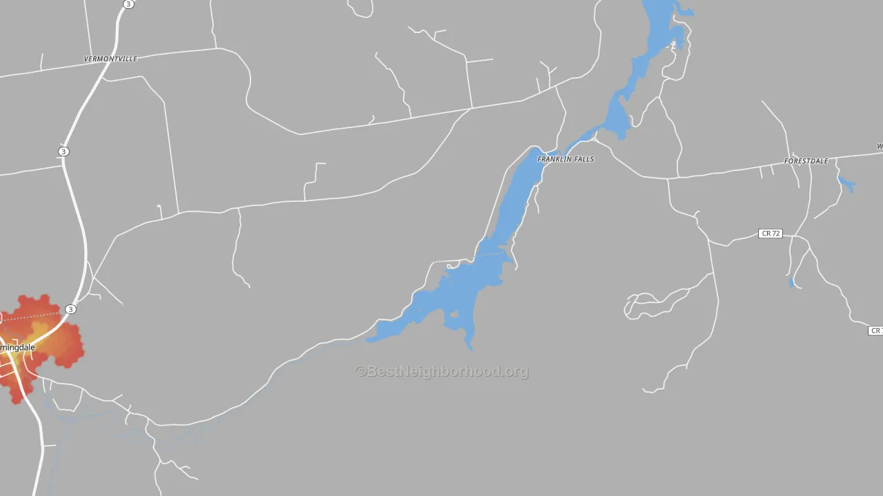 Walk Grade map of Franklin Falls, NY, walkable areas in green and car-dependent areas in red