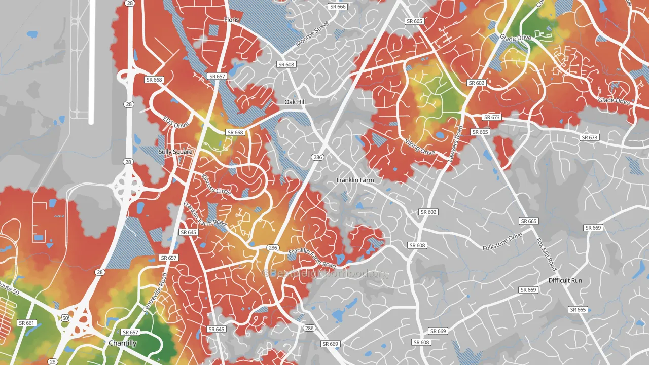 Walk Grade map of Franklin Farm, VA, walkable areas in green and car-dependent areas in red