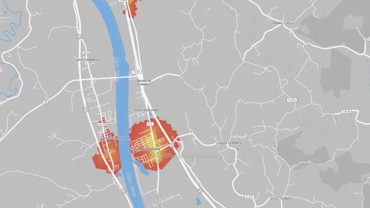 Walk Grade map of Franklin Furnace, OH, walkable areas in green and car-dependent areas in red