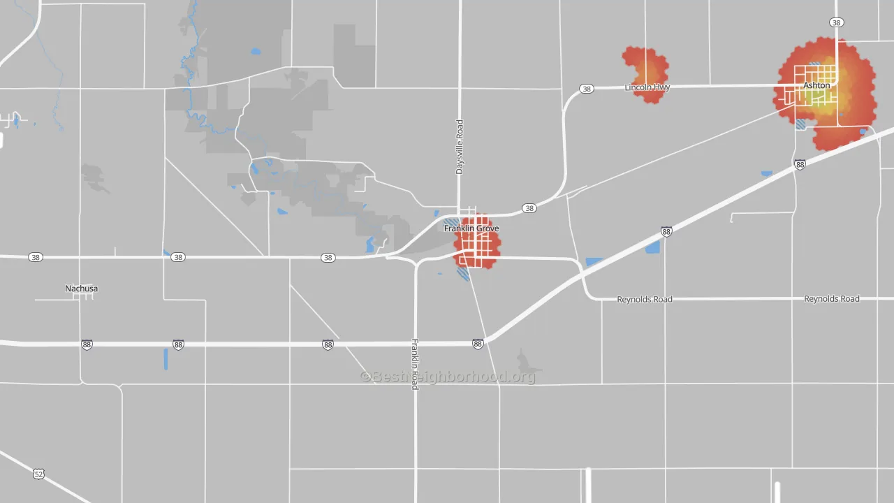 Walk Grade map of Franklin Grove, IL, walkable areas in green and car-dependent areas in red