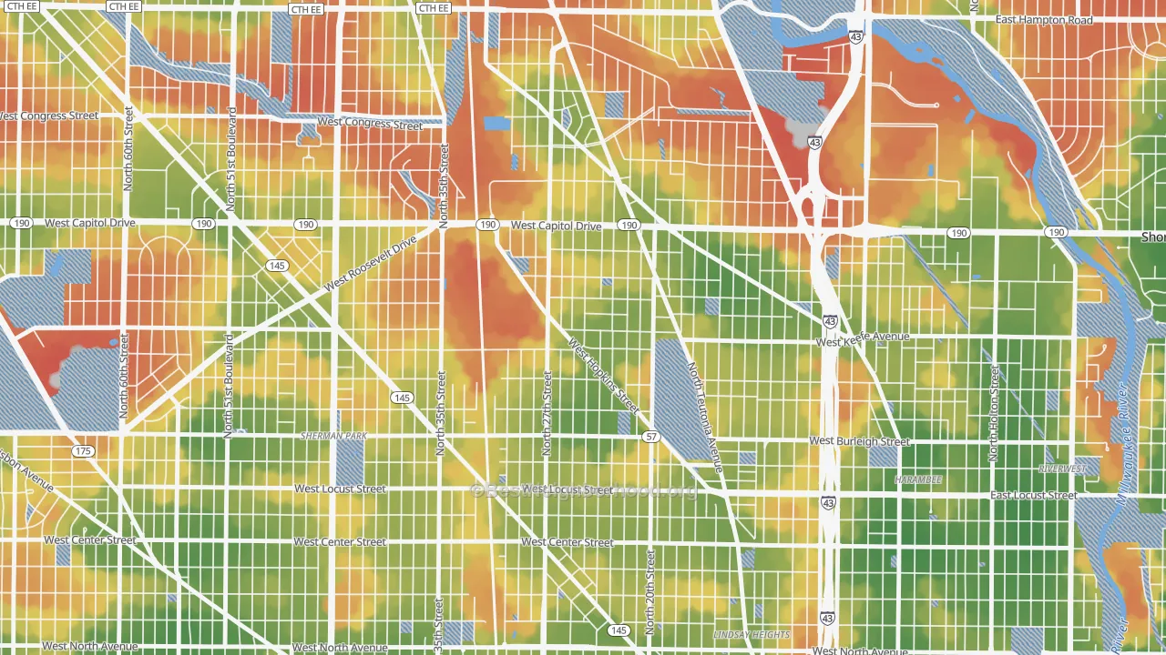 Walk Grade map of Franklin Heights, Milwaukee, WI, walkable areas in green and car-dependent areas in red